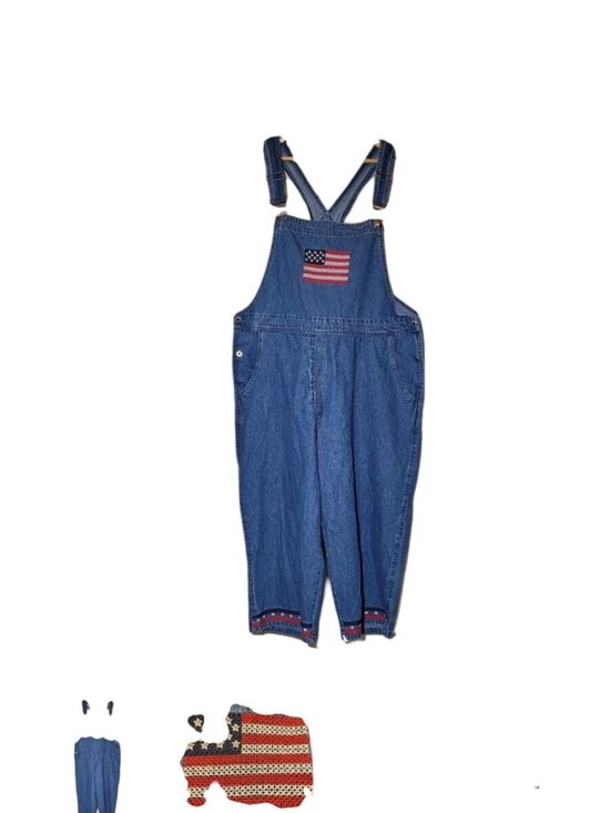 Agapo Pants - Vtg Agapo Womens American Flag Denim Bib Overalls Capri Patriotic Embroidered M